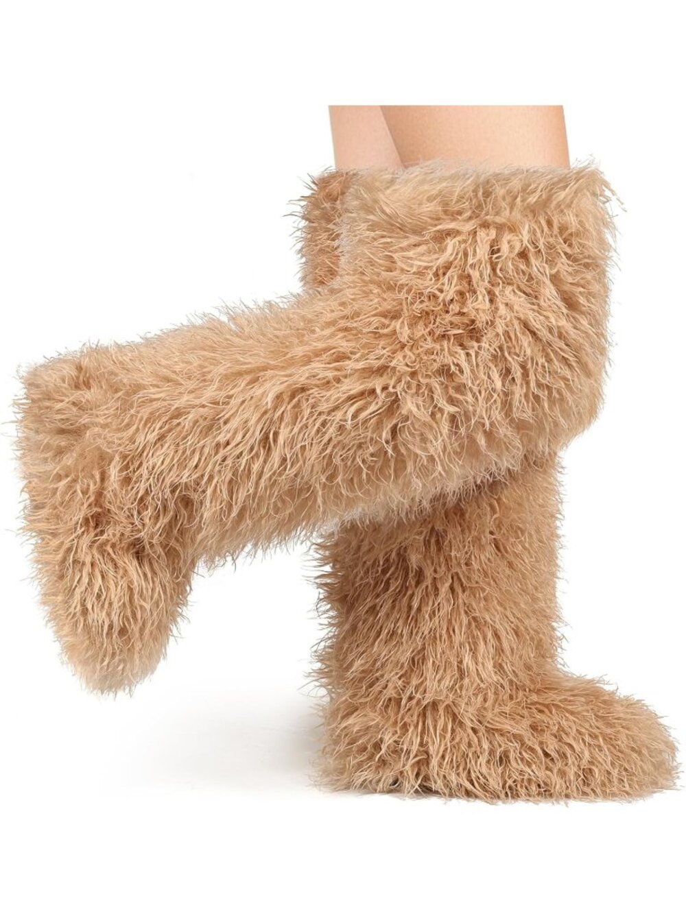 Women's Khaki Shaggy Faux Furry Fuzzy Fluffy Flat Knee-High Slouchy Snow Boot